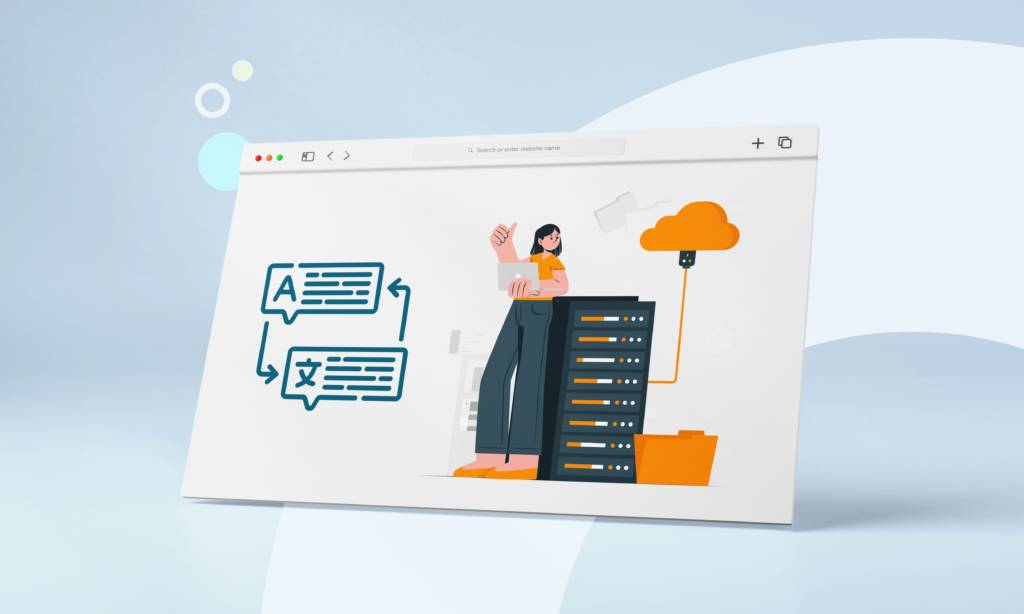 Internet tab with an illustration of translation memory, with a person with files in the cloud.