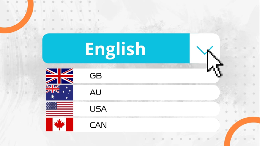 Illustrative image of a language selection menu for localisation of different types of English.