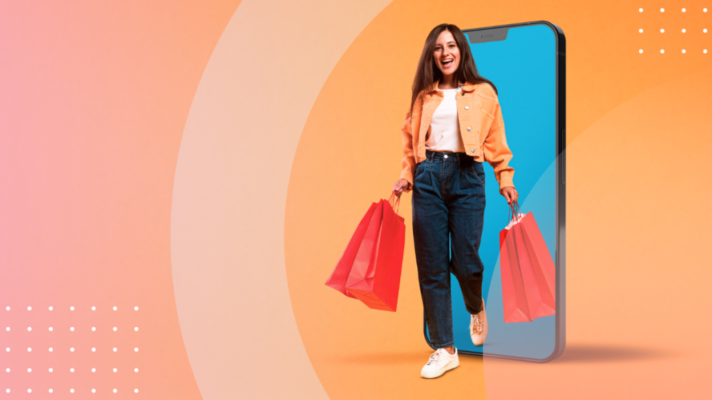 Illustrative image of a girl with shopping bags and a phone, representing online shopping.